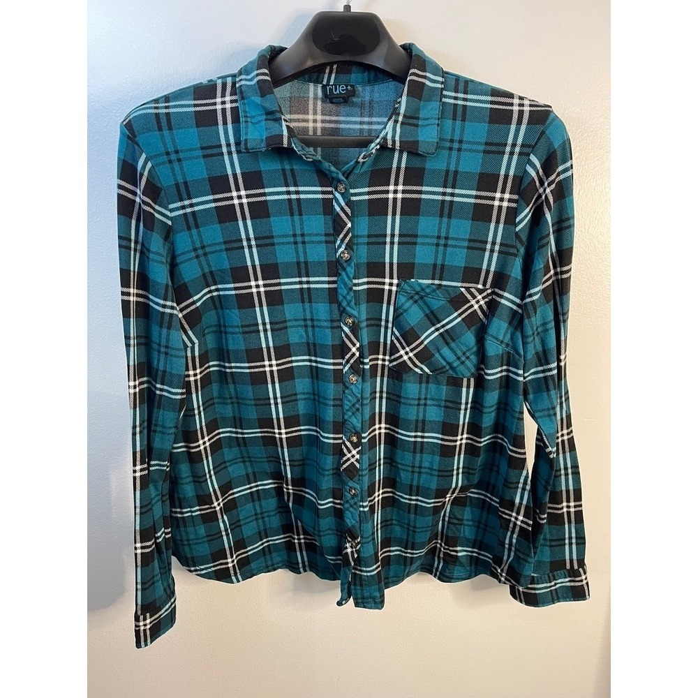 Rue21 Rue+ Womens 2X Teal Black Plaid Button Down Long Sleeve Stretch Shirt